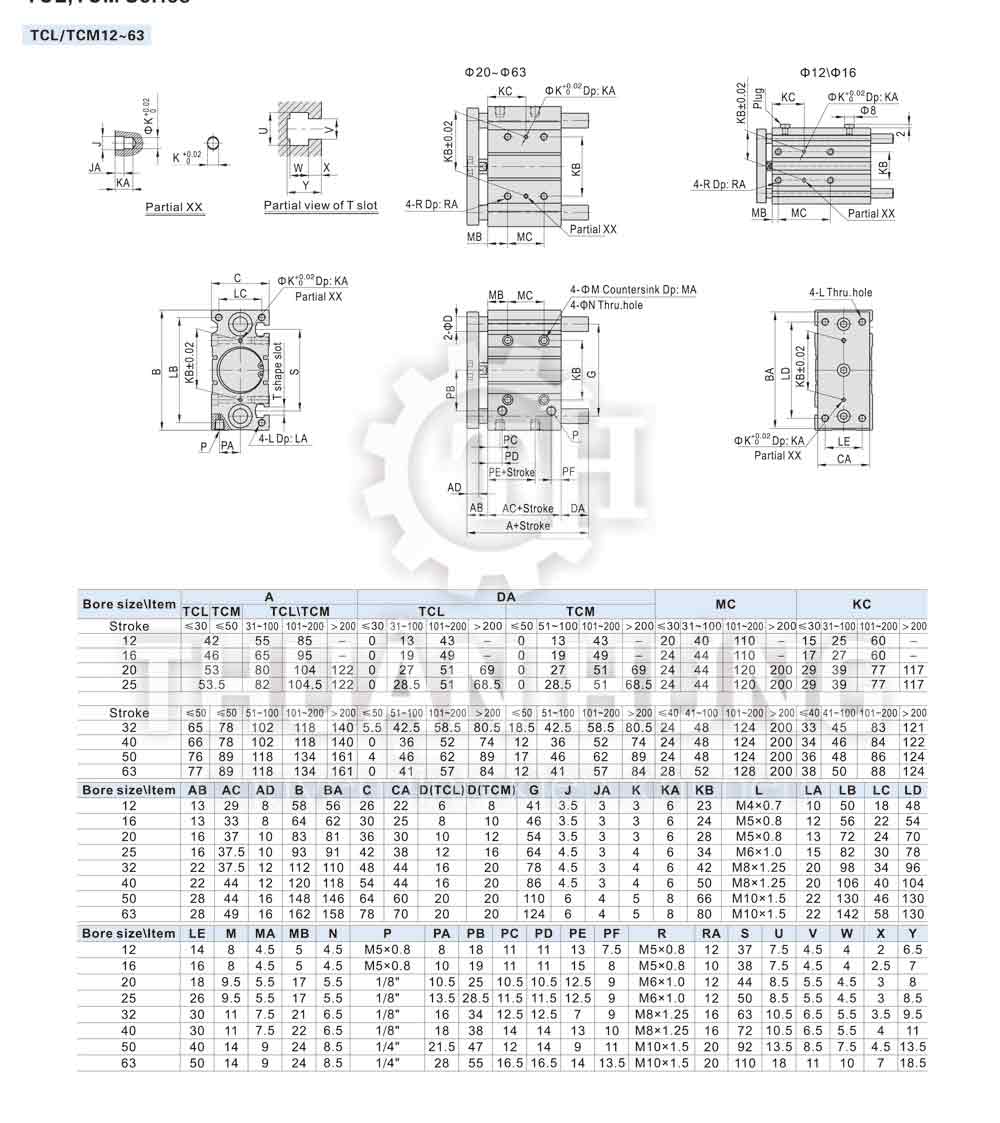 Cấu tạo kích thước xi lanh khí nén Airtac TCL/TCM12, TCL/TCM16, TCL/TCM20, TCL/TCM25, TCL/TCM32, TCL/TCM40, TCL/TCM50, TCL/TCM63