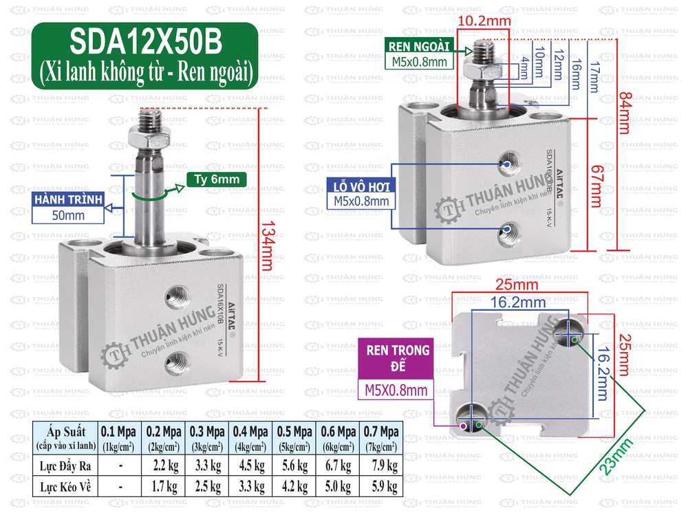 Kích thước xi lanh khí nén Airtac SDA12x50B