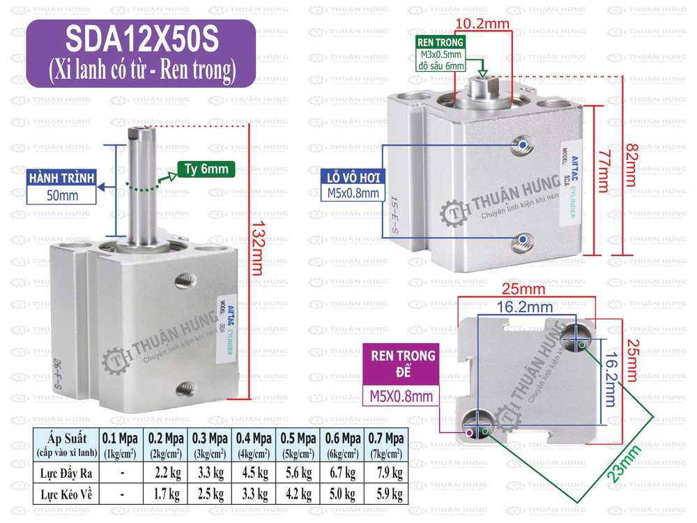 Kích thước xi lanh khí nén Airtac SDA12x50S