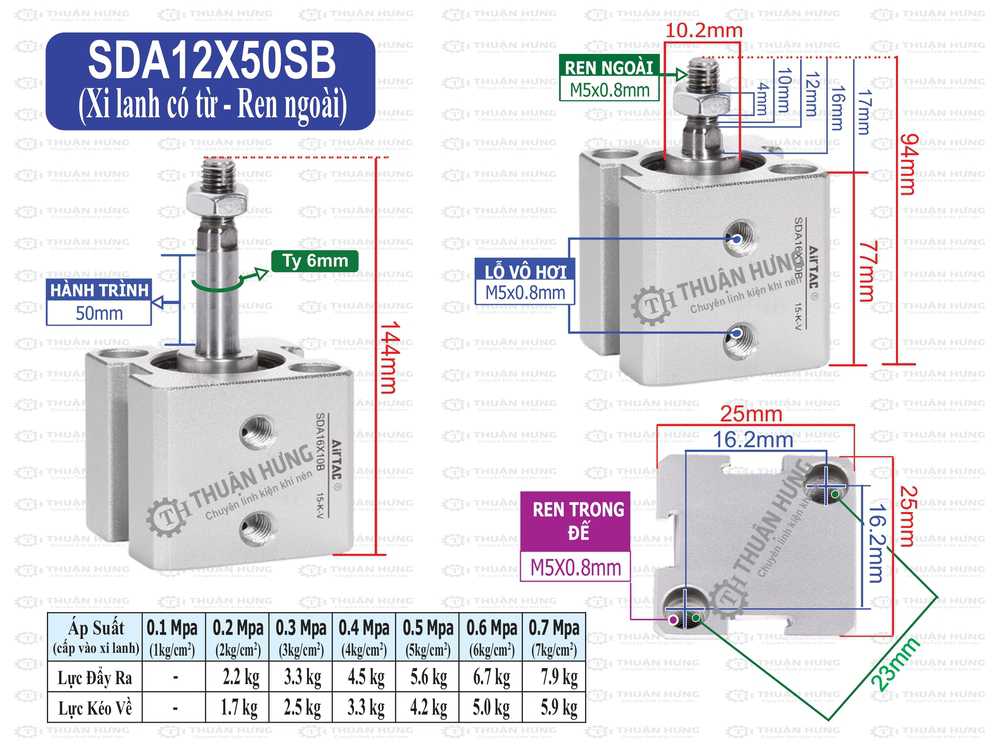 Kích thước xi lanh khí nén Airtac SDA12x50SB