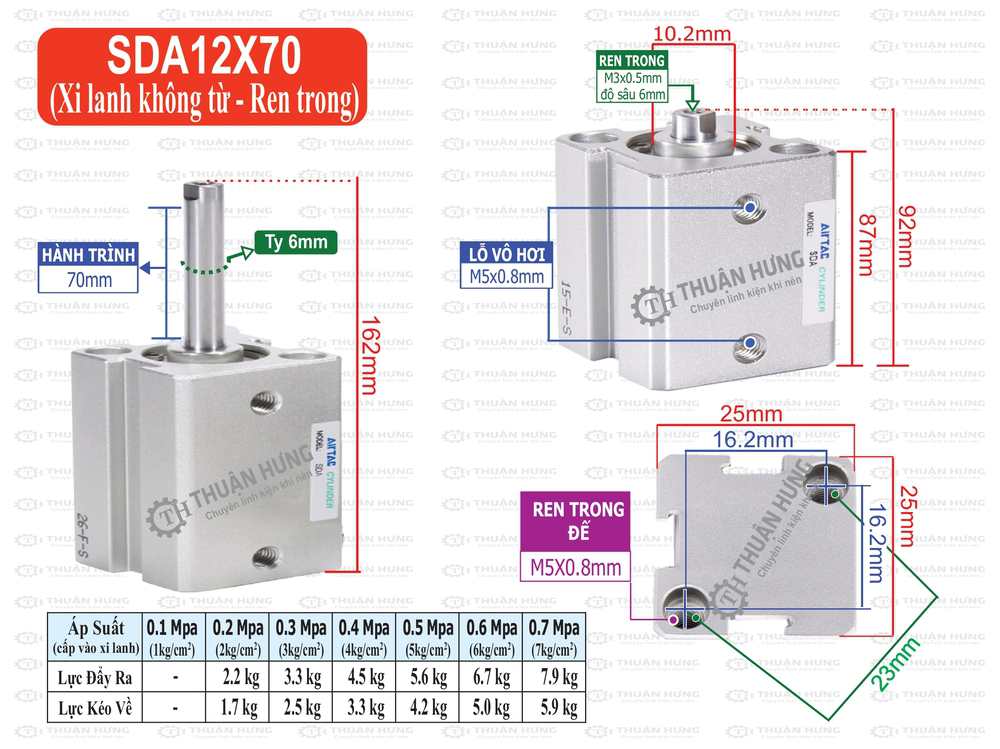 Kích thước xi lanh khí nén Airtac SDA12x70