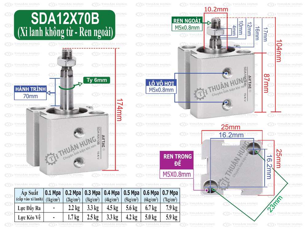 Kích thước xi lanh khí nén Airtac SDA12x70B