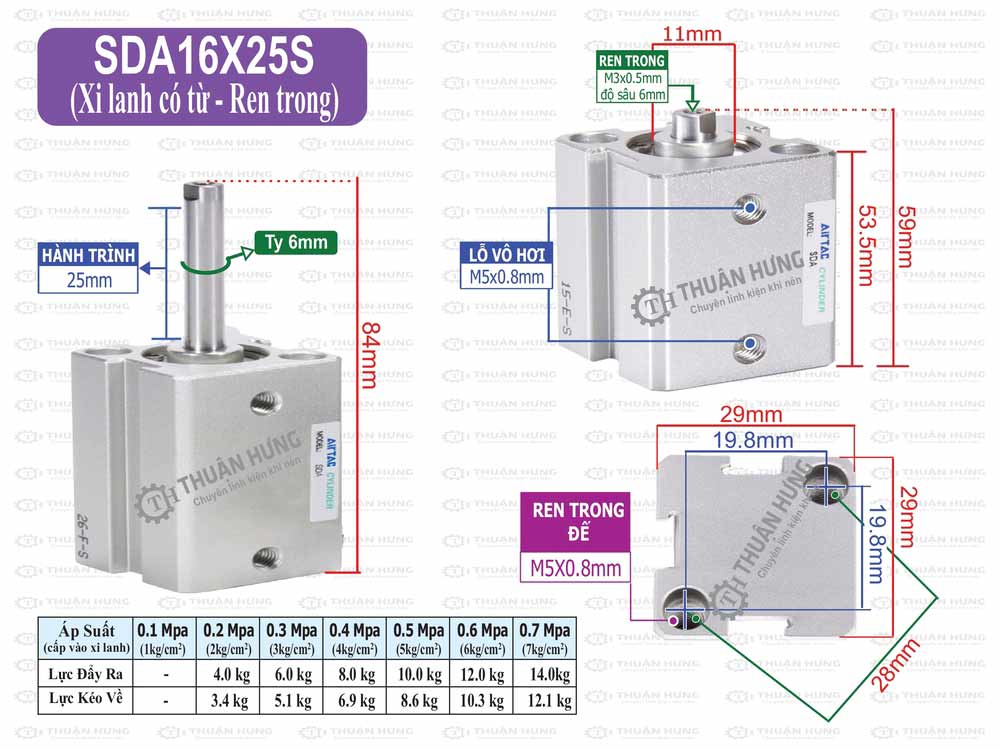 Kích thước xi lanh khí nén Airtac SDA16x25S