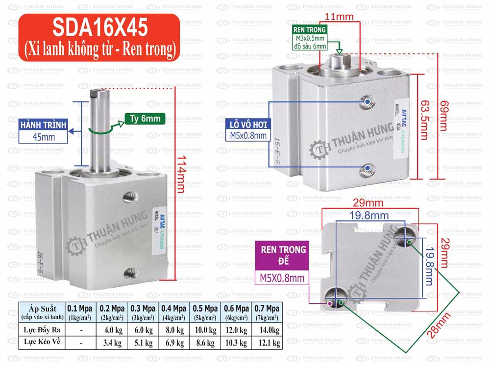 Kích thước xi lanh khí nén Airtac SDA16x45