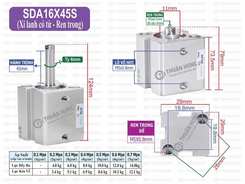 Kích thước xi lanh khí nén Airtac SDA16x45S