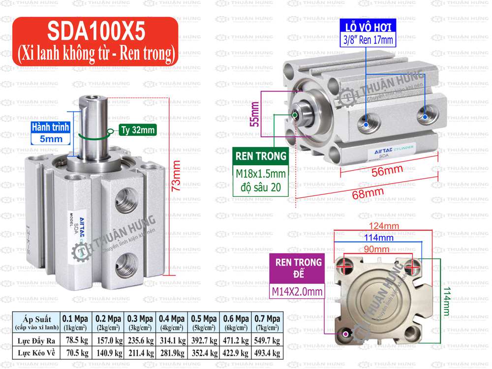 Kích thước xi lanh compact Airtac SDA100x5