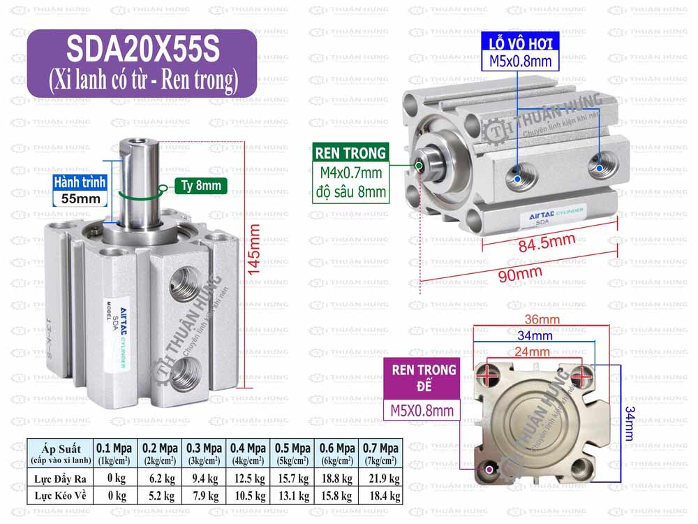 Kích thước xi lanh compact Airtac SDA20x55S