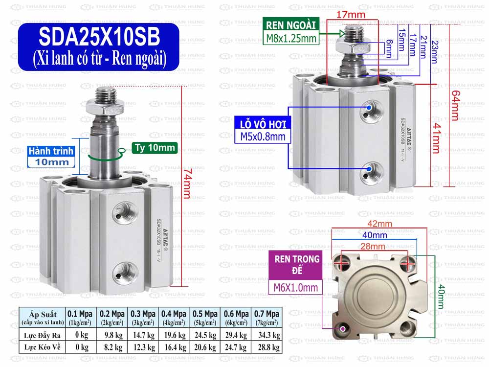 Kích thước xi lanh compact Airtac SDA25x10SB