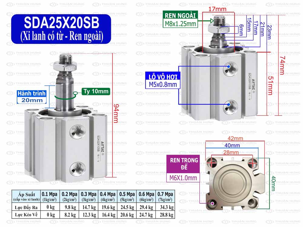 Kích thước xi lanh compact Airtac SDA25x20SB