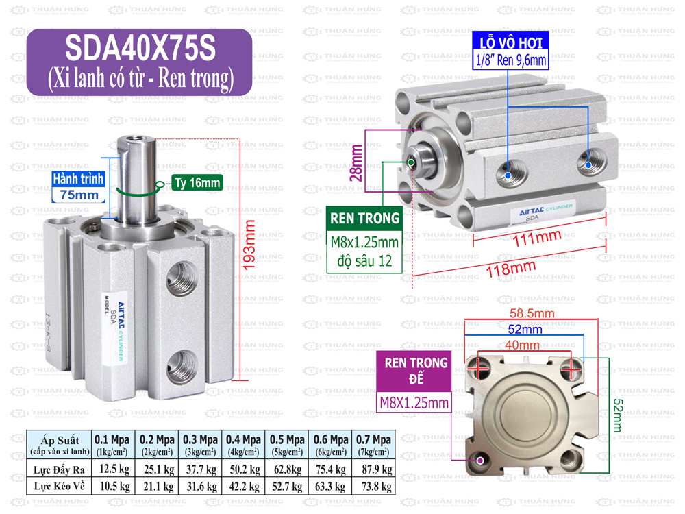 Kích thước xi lanh compact Airtac SDA40x75S