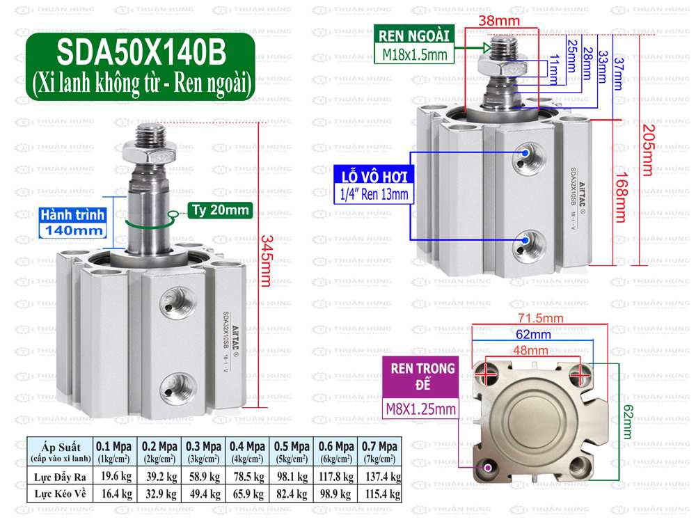 Kích thước xi lanh compact Airtac SDA50x140B