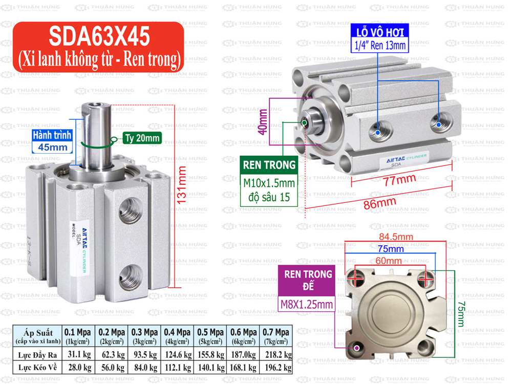 Kích thước xi lanh compact Airtac SDA63x45