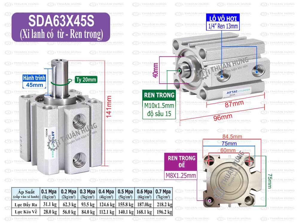Kích thước xi lanh compact Airtac SDA63x45S
