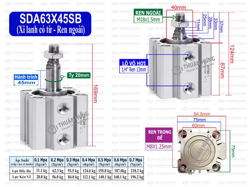 Kích thước xi lanh compact Airtac SDA63x45SB