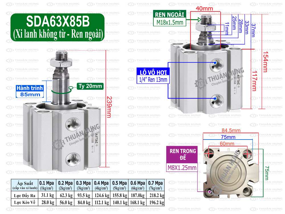 Kích thước xi lanh compact Airtac SDA63x85B