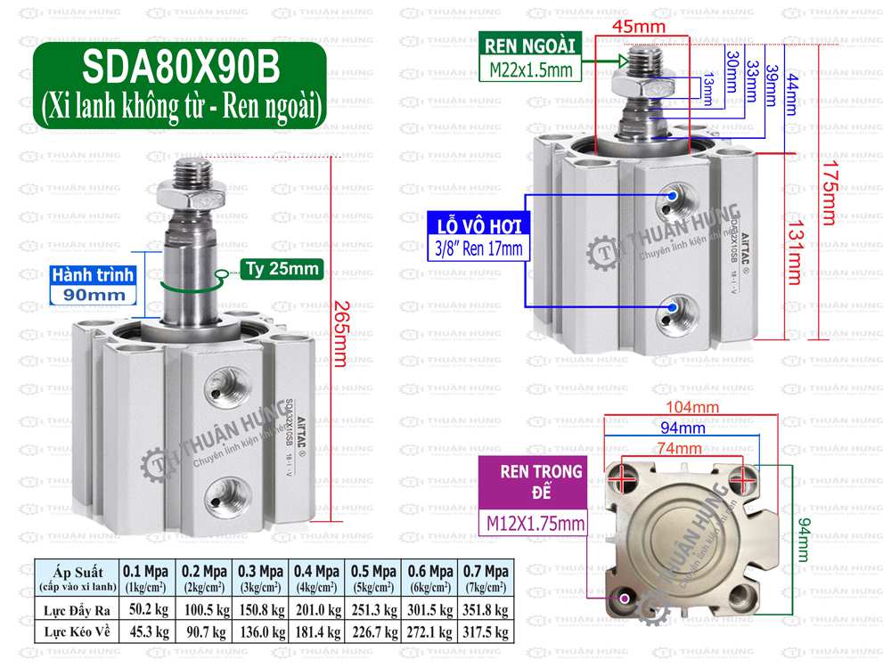 Kích thước xi lanh compact Airtac SDA80x90B
