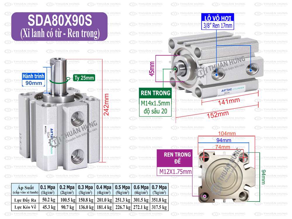 Kích thước xi lanh compact Airtac SDA80x90S