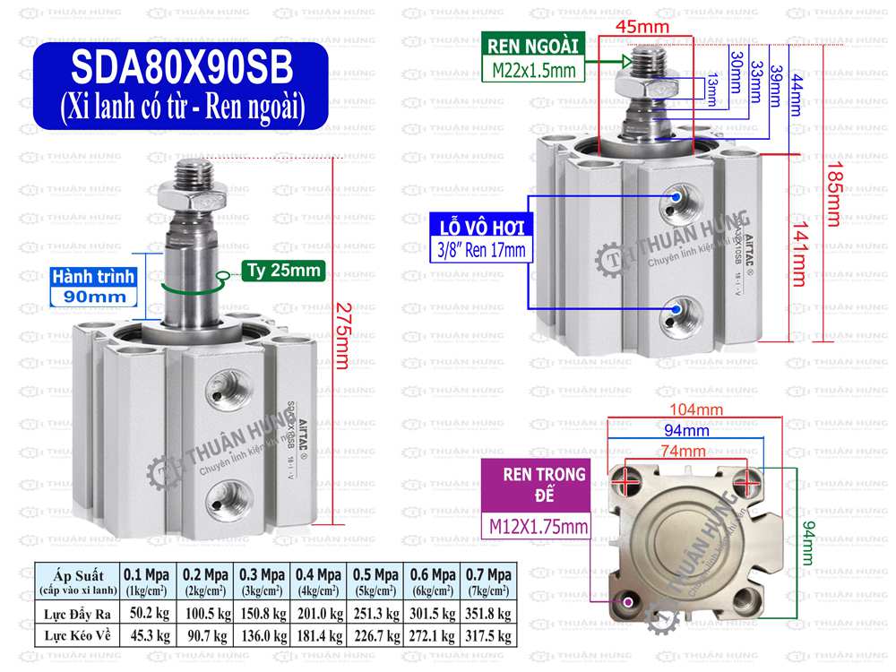 Kích thước xi lanh compact Airtac SDA80x90SB