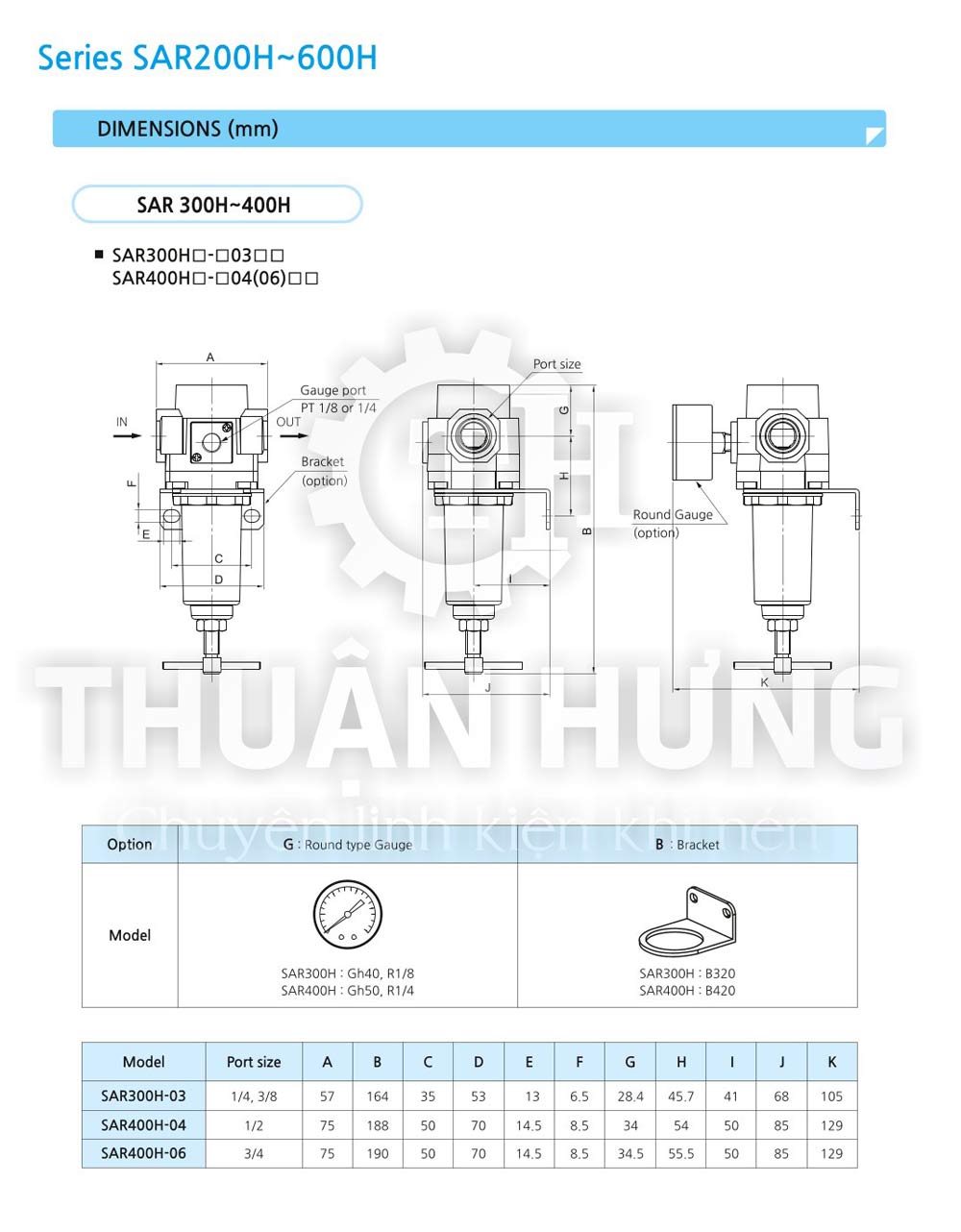 Kích thước van điều áp cao áp SKP SAR300H-03BG, SAR400H-04BG - SAR400H-06BG (áp suất 20kg)