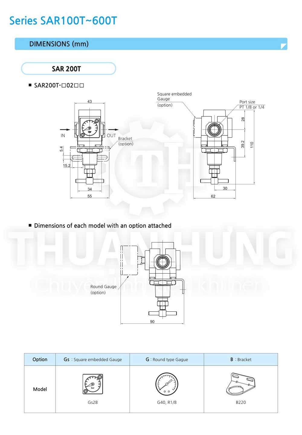 Catalogue thông số kích thước của van điều áp khí nén SKP SAR200T