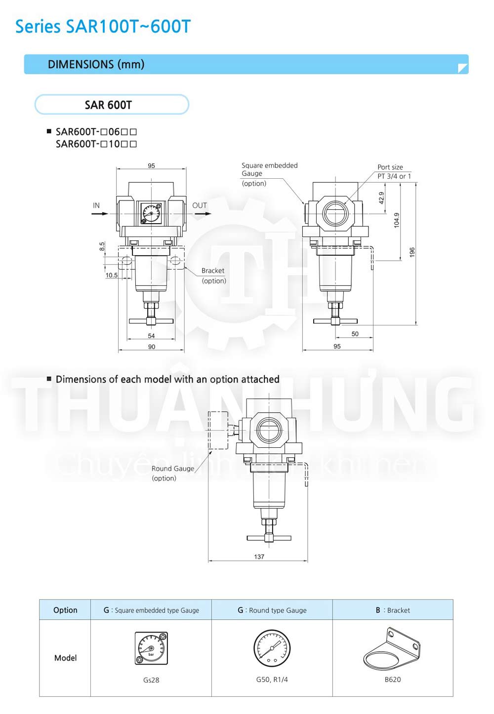 Catalogue thông số kích thước của van điều áp khí nén SKP SAR600