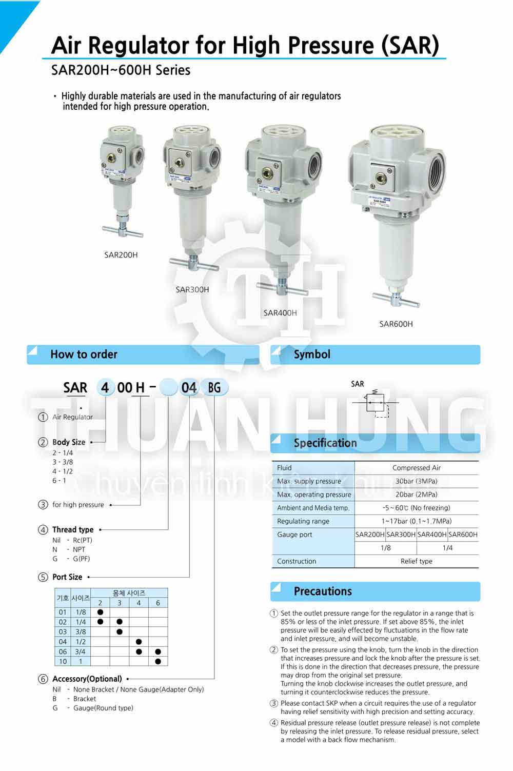 Thông số kỹ thuật van điều áp cao áp SKP SAR200H, SAR300H, SAR400H, SAR600H (áp suất 20kg)